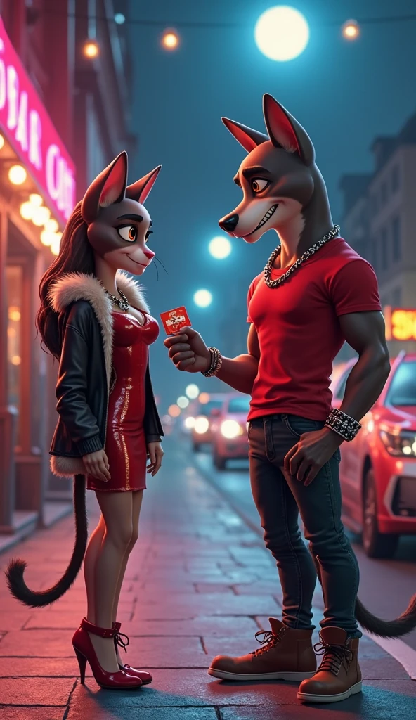 Man with wolf mask, blue aviator lenses, Blue suit, He is sitting at the bar of a pole dance bar with neon lights, A young woman in white lace lingerie dances on the bar, with big breasts, long legs, big buttocks, long messy brown hair, She has a tail and fox ears, There are alcoholic beverages, Jack Daniels 
