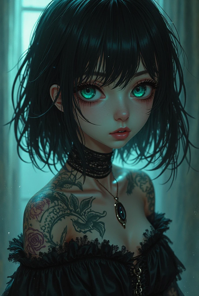 A stunning anime-style beautiful girl inspired by the Tarman zombie from "The Return of the Living Dead." She has dark, glossy skin resembling tar, with an eerie yet captivating appearance. Her eyes are glowing with an otherworldly light, and she has a mischievous, seductive smile. Her hair is wild and unruly, flowing like dark, viscous liquid. She is dressed in a stylish, tattered outfit that gives a nod to the classic zombie look, highlighting her beauty and allure. The background is a creepy, abandoned warehouse, adding to the eerie atmosphere. Highly detailed, dynamic lighting, and intricate textures.
