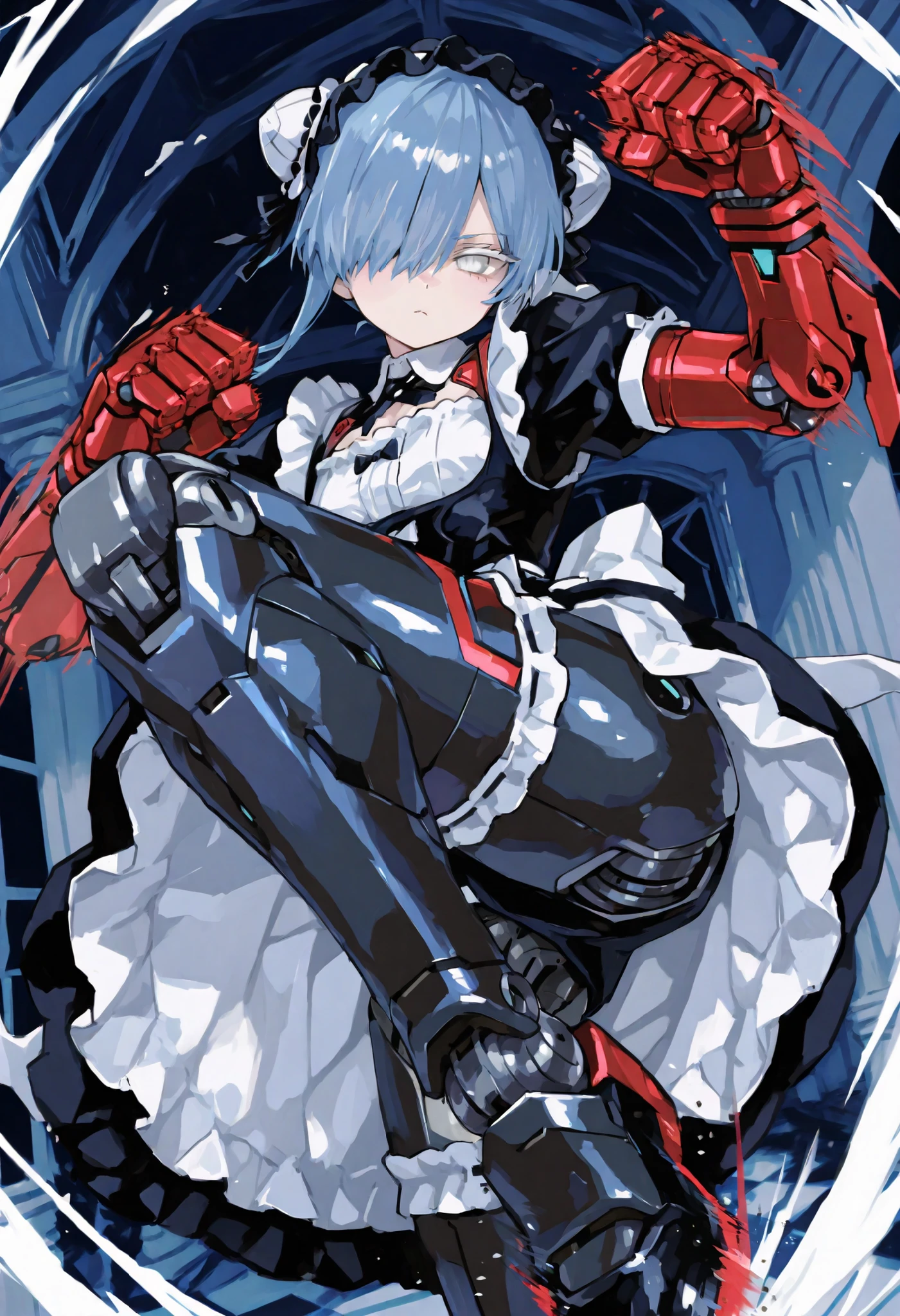 Maid Outfit。Blue hair。2 bun hair。chignon。cute white eyes。Hair on one eye。Mechanical joints。machine body。Gothic Room。Giant Gundred。giant fist fight。kick attack。BIG ARM。Dynamic。action。motion blur effect。big side kick