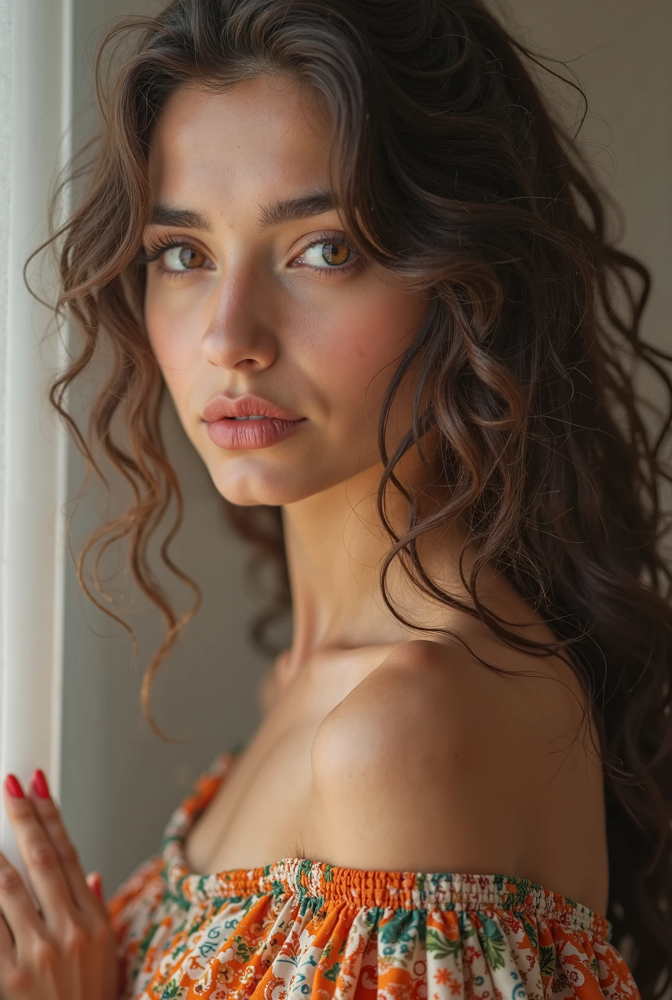 (soft focus:1.2), photo, attractive mixed woman, (beautiful face:1.1), detailed hazel eyes, luscious lips, (cat eye makeup:0.85), (medium eyes:1.0), (toned body:1.2), (curly hair:1.2), wearing (sundress:1.2) sitting on a (chair:1.2). (moody lighting:1.2), depth of field, bokeh, 4K, HDR. golden skin, hazel eyes, beauty marks, honey skin, wearing leather as a dominatrix (holding a crop) Cinematic photo