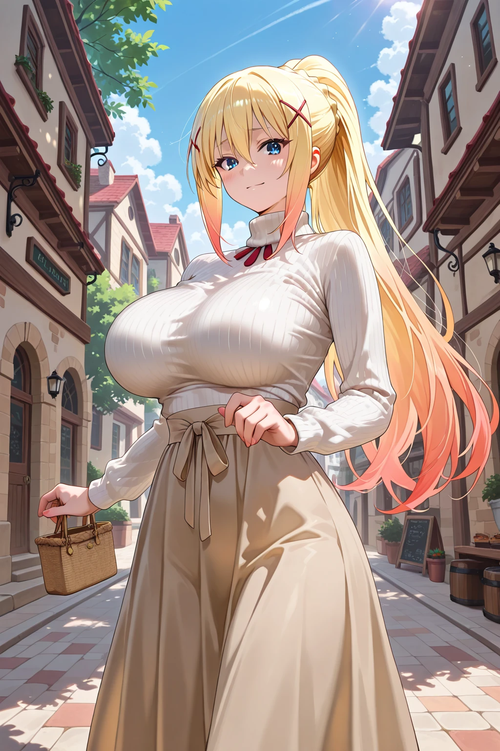 A busty girl with blonde hair and pink eyes wearing a commoner&#39;s dress standing at her flower stall selling flowers showing her giant tits to the public 
