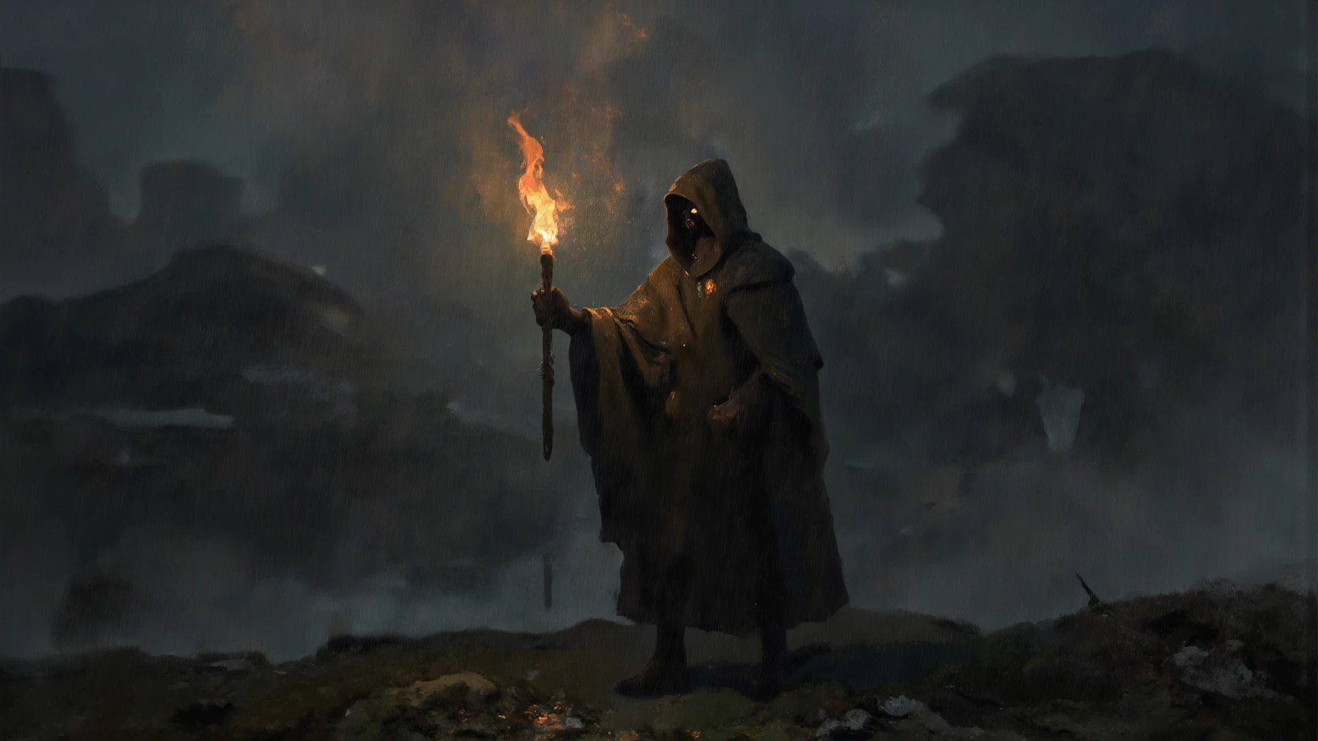 Banishing ritual: The paranormal expert, dressed in traditional protective clothing, conducts a ritual in the basement. Mystical symbols are drawn on the floor with chalk, and black candles are lit around, casting a flickering light. The expert holds an ancient book and recites incantations as the atmosphere grows increasingly intense, with shadows dancing on the walls