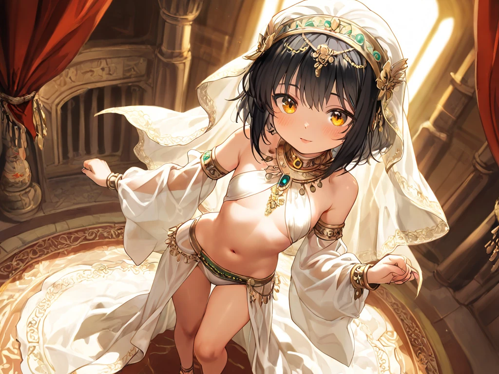 (1 girl 20 years old solo:1.4),(flat chest),(dark skin:1.7), (masterpiece:1.2), highest quality, High resolution, unity 8k wallpaper, (fine and beautiful eyes:1.6), highly detailed face, perfect lighting, Detailed CG, (perfect hands, perfect anatomy), detailed eyes, best quality, extremely detailed, very precise detailed, (long loincloth:1.5),(glasses:1.6), (blunt bangs:1.3),(arabian clothes:1.5), (very short pixie cut:1.2), (evil smile:1.4),(blush),(kneeling:1.3),(white veil:1.3),(See-through harem pants)