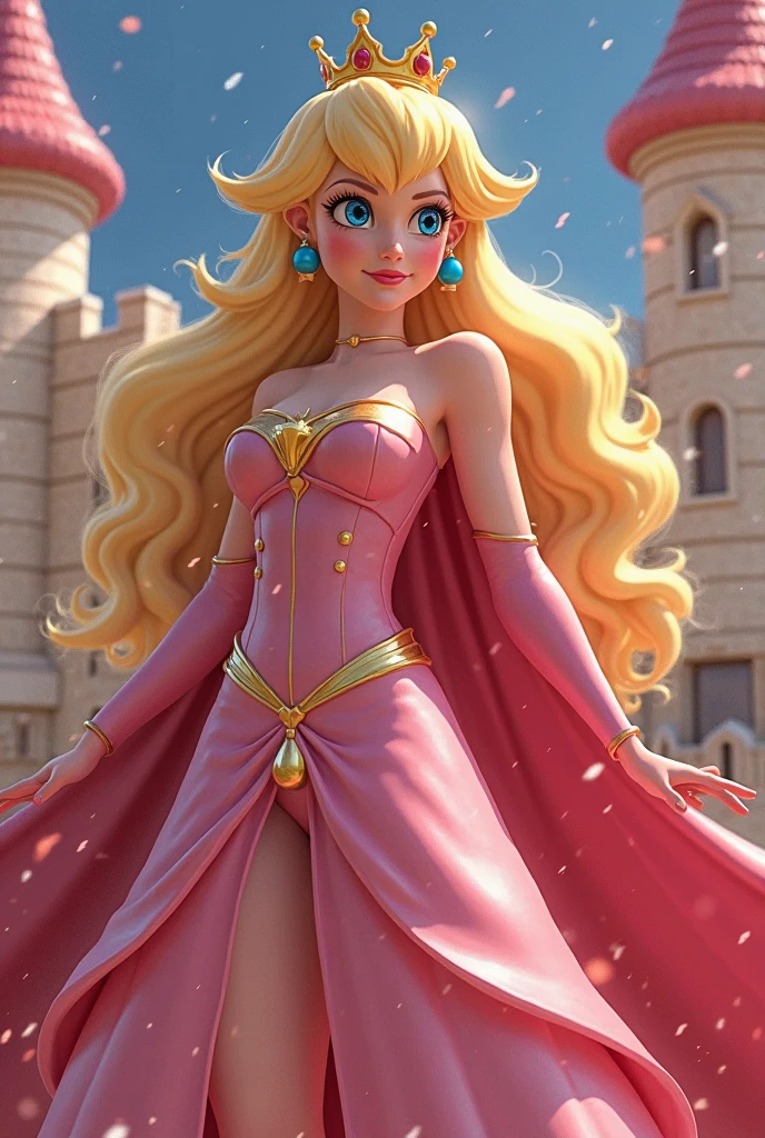 princess peach,gold panties,view crotch,beach,realistic details in the gold panties, freckles on the face and skin,realistic details in the skin,thigh high boots,details of wear and dirt on skin and clothing, realistic particles,