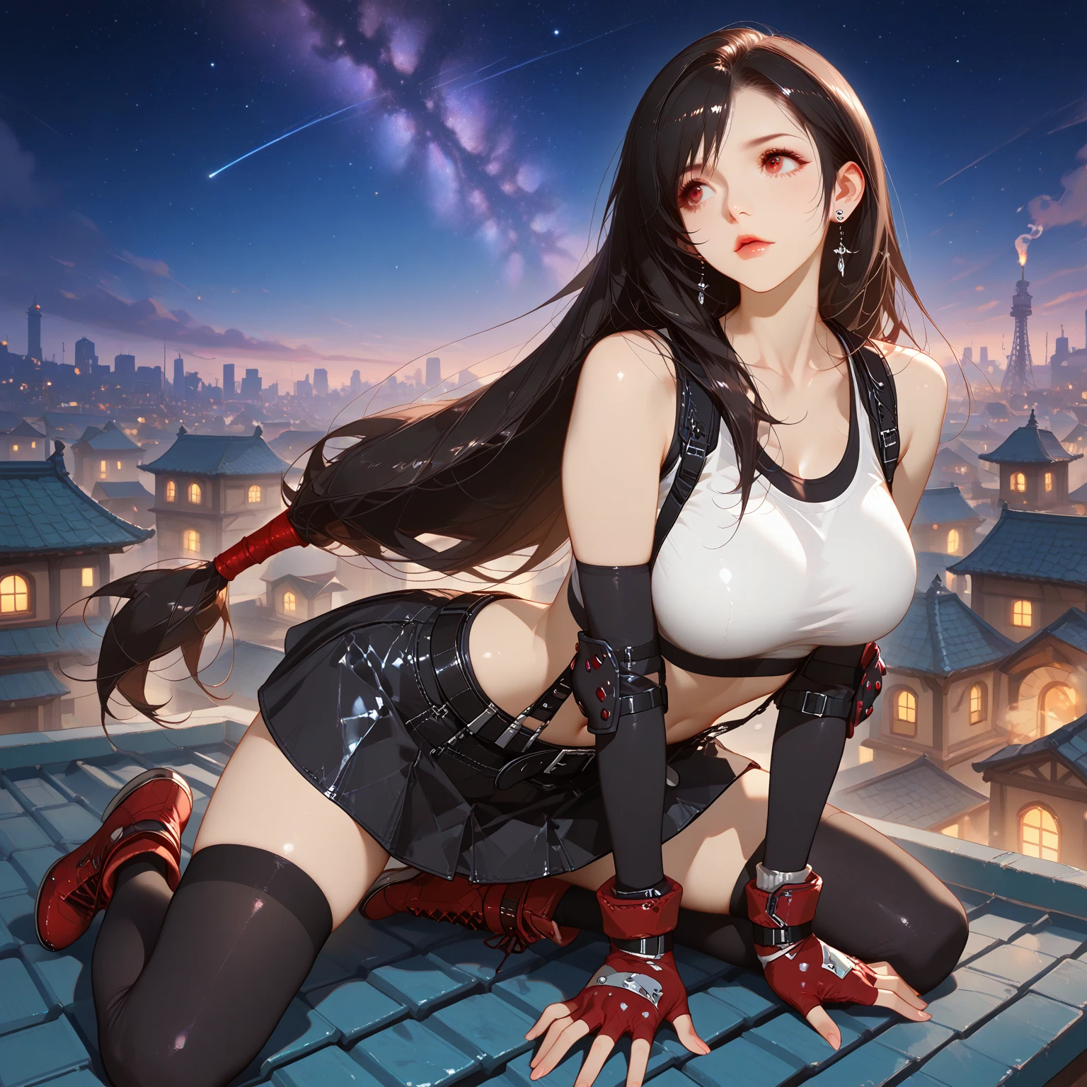 ((Master quality, 8K, masterpiece:1.3, ultra-detailed, high resolution, RAW Photos, detailed , blurry, Actual, hyper realistic, photo, HDR)), BREAK, perfect( anatomy:1.5, hands, fingers, legs, feet), detailed eyes, BREAK, One person alone, ff7r style, tifa lockhart, beautiful face, beautiful brown eyes, (dynamic posing ), long hair, ( Round and Stacked Breasts ), Cleavage, seductive smile:1.5, Sweat-soaked skin, BREAK, , Graffiti art, BREAK, ( Random Angle, full-body, ), dynamic angle, , background(Realistic , cinematic lighting, depth of field, night , the full moon,, cyberpunk city atmosphere light particles, , )