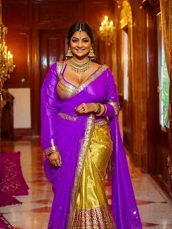 Mature plump indian woman、A smile、Female sexy、Traditional Indian costume in purple