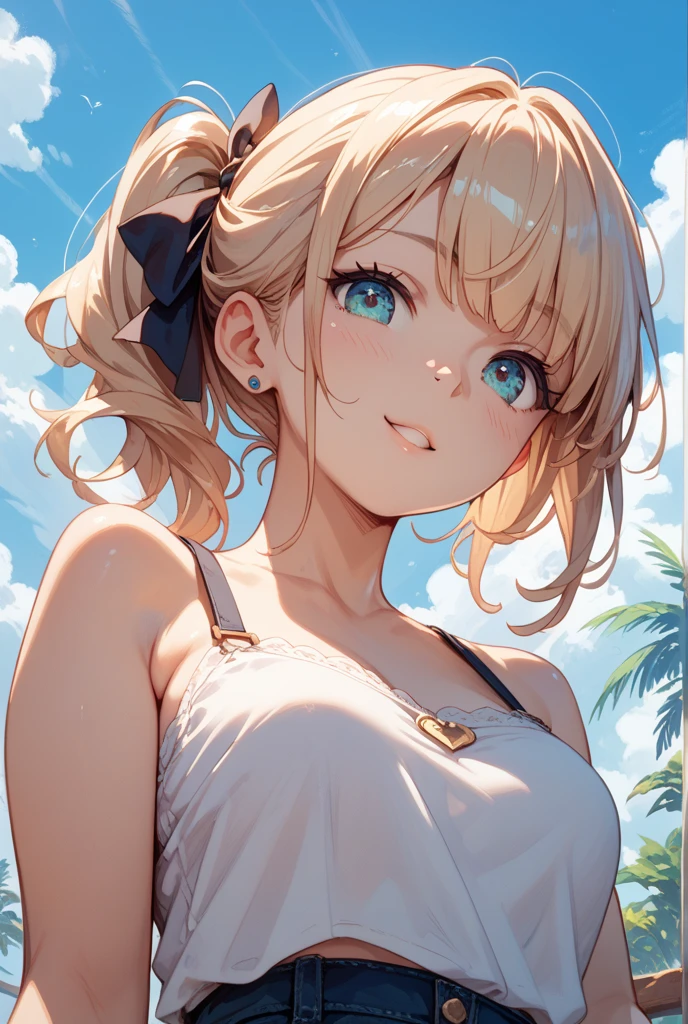 4K, masterpiece, 8k, high quality, 最high quality、(Superflat, Flat Shading, Flat Color:1.1), (summer),(Ocean:1.3) (White sand beach), (16 year old girl), , change, Blonde, White T-shirt, (White panties:1.2), blush, Open your mouth, (Showing tongue), Selfie, View from below, (Low Angle), White cloud,Palm tree, Bright sunlight, Vibrant colors, Best Shadow, watercolor,