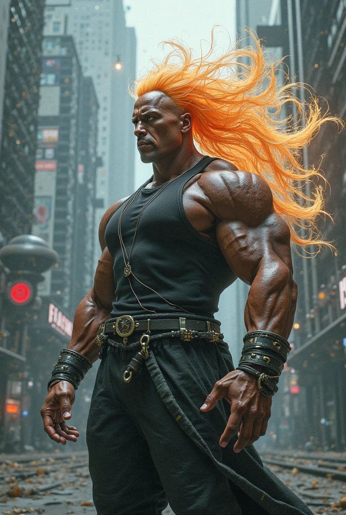 man with very black skin and blond hair, and very muscular