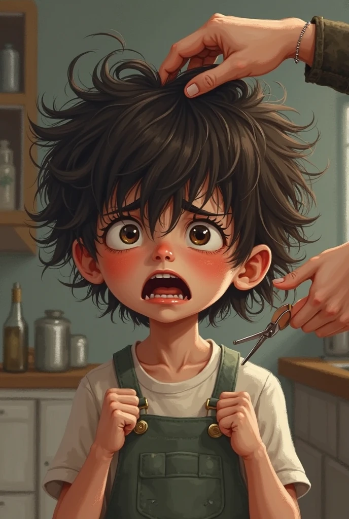 A child wearing a white apron is sitting in a barber shop and crying, and the barber is cutting his hair with scissors.
