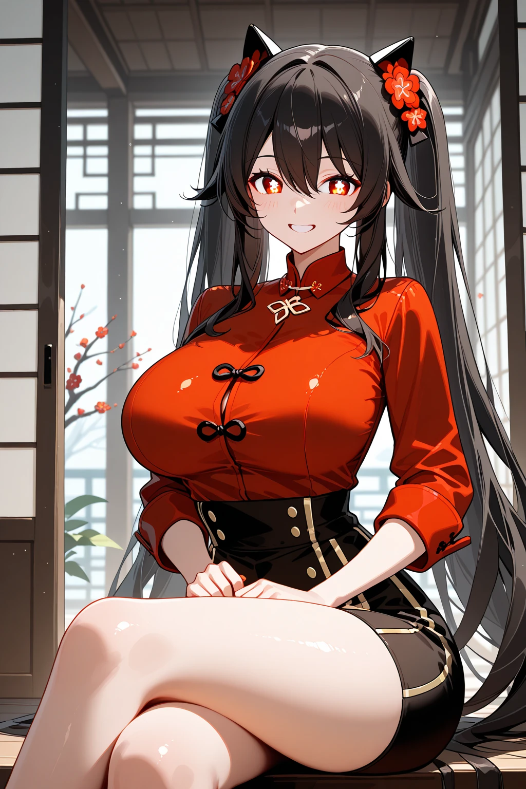 Adult woman, Long black hair, deer antlers, Brown eyes, Lush breasts, Russian peasant clothing, red lipstick, Smile, Masterpiece, hiquality