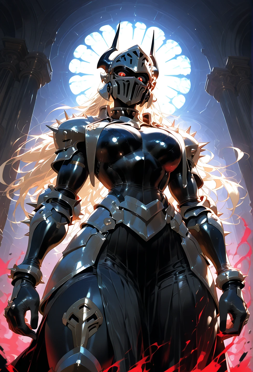 (masterpiece; best quality: 1.2), ((full armored knight woman)), ((solo)), (black eyes: 1.4), (body; toned, strong, femenine: 1.3), (beautiful and clear background: 1.2), ((depth of field)), (equipment: full plate full-black realistic armor + closed helmet with plume + black cape: 1.3), (anime illustration: 1.2), (background composition; garden exterior + furniture: 1.1), (extremely fine and beautiful: 1.1), (shot composition; standing + centered on torso + close-up: 1.5)