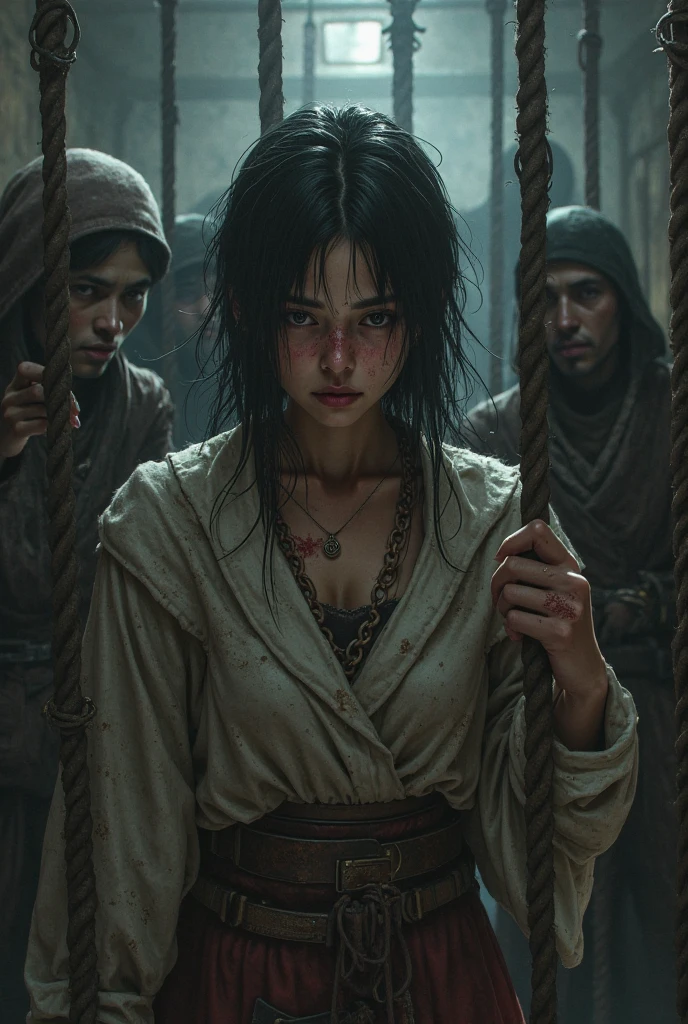 Generate image descriptions: white of the eye, Back to human form, I'm injured and kneeling on the floor of my house, There were hunters around her. There is blood on her clothes and tears in her eyes.., Beg for an end. The hunters are armed with spears and bows.., But they seem reluctant, He has a conflicted expression on his face.. The scene is brightened by moonlight streaming through the window.., Creating an atmosphere of tension and tragedy.