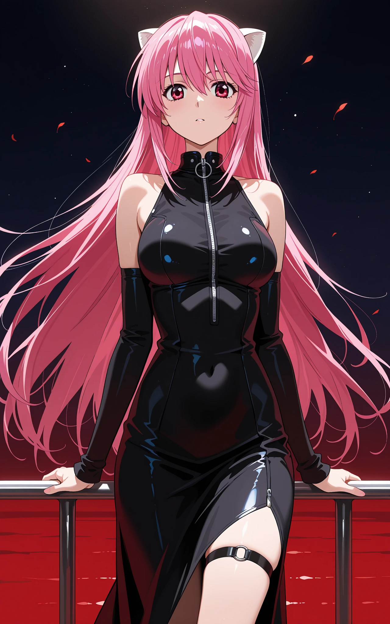 (8K, top-quality, masterpiece:1.2), (reallistic, Photorealsitic:1.37), Super Detail, One girl,), (Highly detailed), (beautifully detailed eyes), (of the highest quality), (super detailed ), (masterpiece), (Detailed face),20yr old, ,1 girl, ((pink hair,long hair)), medium breasts, clothed, Perfect Lighting, BREAK (black catsuit:1.5), (shiny latex:1.4), (skin-tight:1.5), (plunging neckline:1.1), burgundy accents, (strappy bralette:1.2), (high heels:1.2), (over-the-knee boots:1.2), gold jewelry, (chain necklace:1.1), glamorous, futuristic, (bold silhouette:1.2), (pink harness on chest and belly: 1.2), BRAKE (upper body to thighs:1.2), (long pink hair:1.1), loose waves, (soft smile:1.1), (gentle gaze:1.1), (straight angled pose:1.1), (relaxed hands by sides:1.1), (bright white background:1.1), (soft, diffused lighting:1.1)

