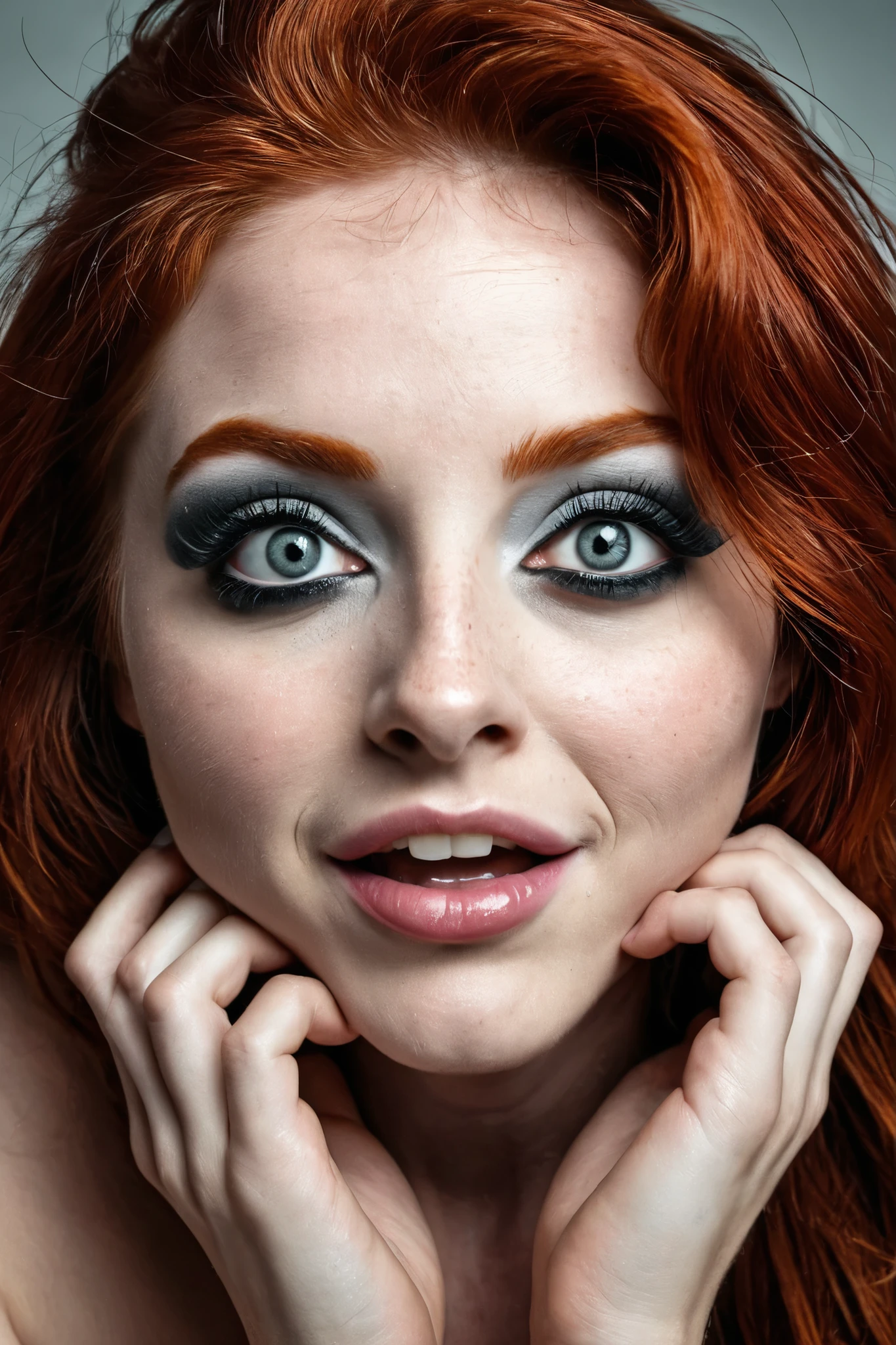Cowboy shot of a Woman high on MDMA, dilated pupils, ((big black pupils)), clenched jaw, redhead, pure ecstasy, ecstatic, overly stimulated, chemical bliss,