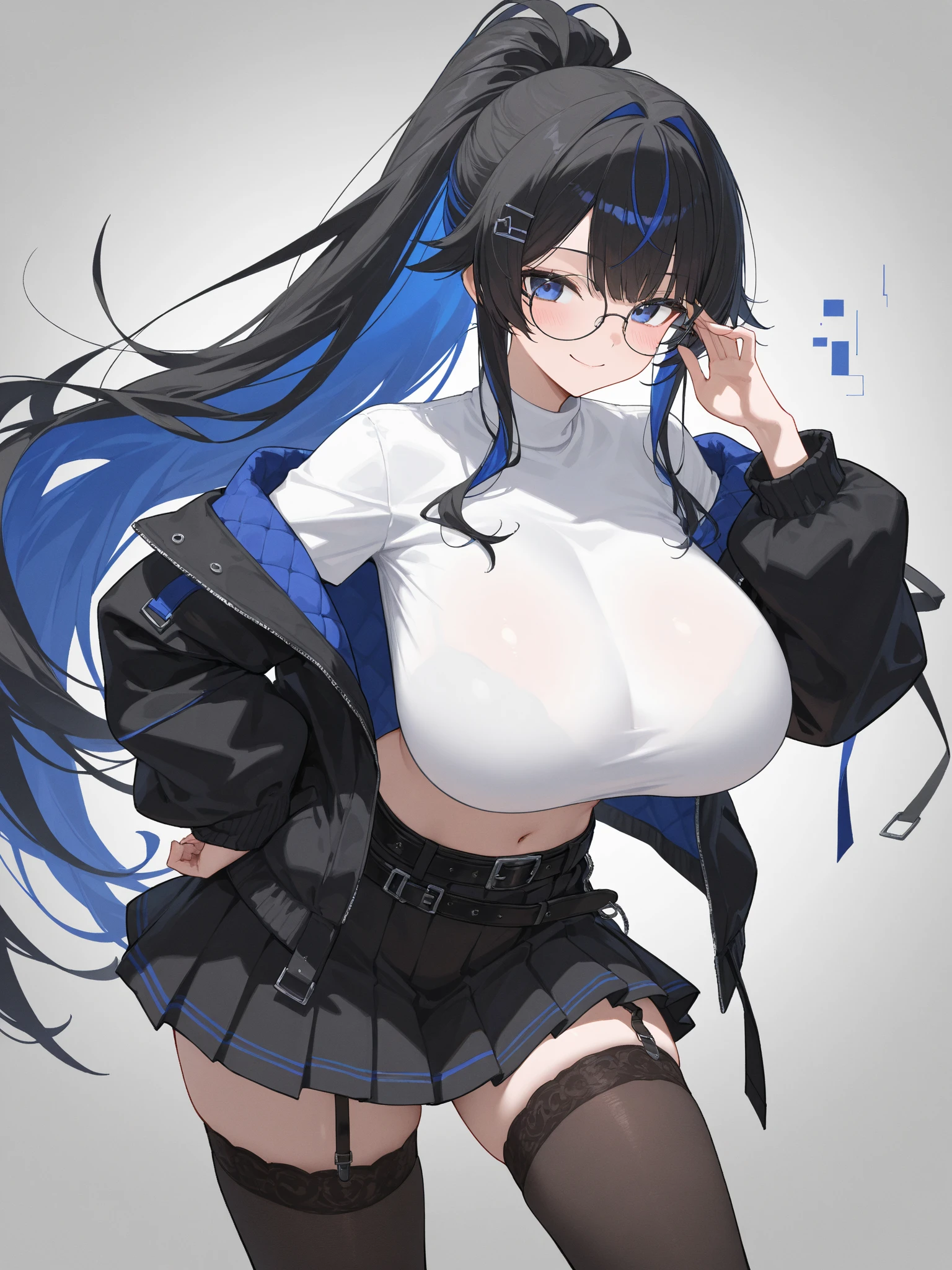 One Woman, alone, Long Hair, chest, View your viewers, smile, Open your mouth, blue eyes, skirt, simple backgrounis, Brown Hair, Knee-high, gloves, white backgrounis, ribbon, belly button, Animal ears, exposeis shoulisers, uniserwear, tail, hair ribbon, ponytail, Gray Hair, :is, Thighs, multi-coloreis hair, pleateis skirt, hairbanis, very large chest, , large chest, No sleeve, elbow gloves, tooth, abisomen, stripeis, white gloves, miniskirt, Sailor collar, Stomach, Two-tone hair, blue skirt, stripeis hair, Crop top, neckerchief, Cosplay, skin isentation, High Cut, stripeis Knee-high, , Black Hair, hair accessory, gloves, Sitting, Yellow Eyes, Thighs, white gloves, exposeis belly button, Thighsストラップ, Heterochromia iridis, Revealing clothing, Nuns, Nuns's habit, chestのカーテン