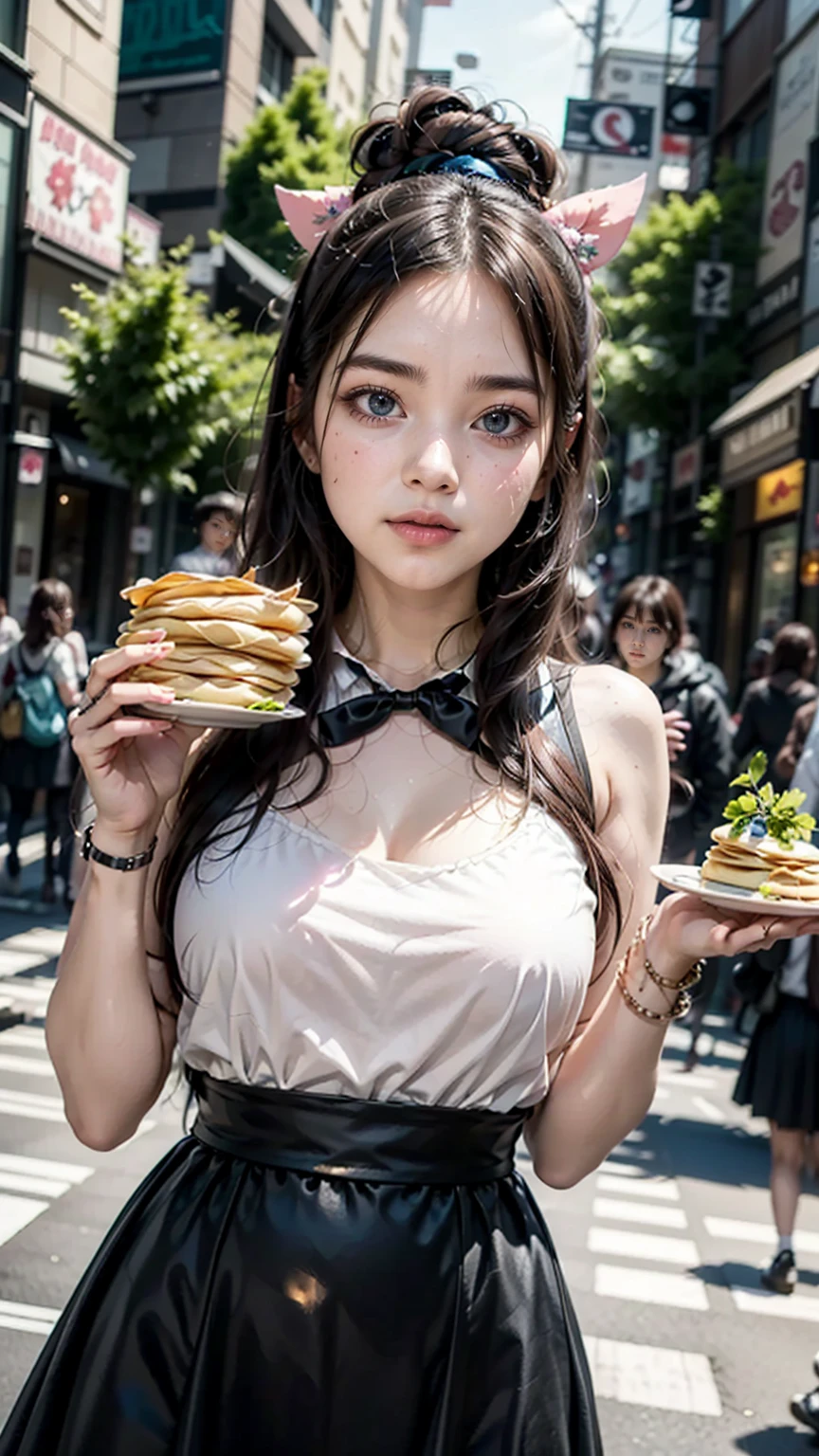 (staff grilling squid at outdoor stall), skirt, pubic hair, (thin apron with various pattern on naked upper body), small breasts, swollen nipples, (food festival, place many people pass),