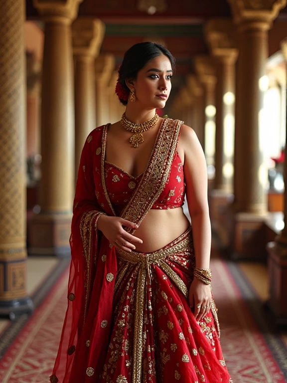 Shrabanti Chatterjee bengali beautiful woman sexy curvy plus size model wearing red color designing Lehenga Choli facing to camera in standing position,head to thighs view, curvy plus size figure,big m-cup breasts ,wearing Indian Lehenga Choli, side bun hairstyle, bright eyes, thin eyebrows, fair skin, blushing cheeks, prefect ,head to thighs view, head to thigh view, beautiful garden background and location