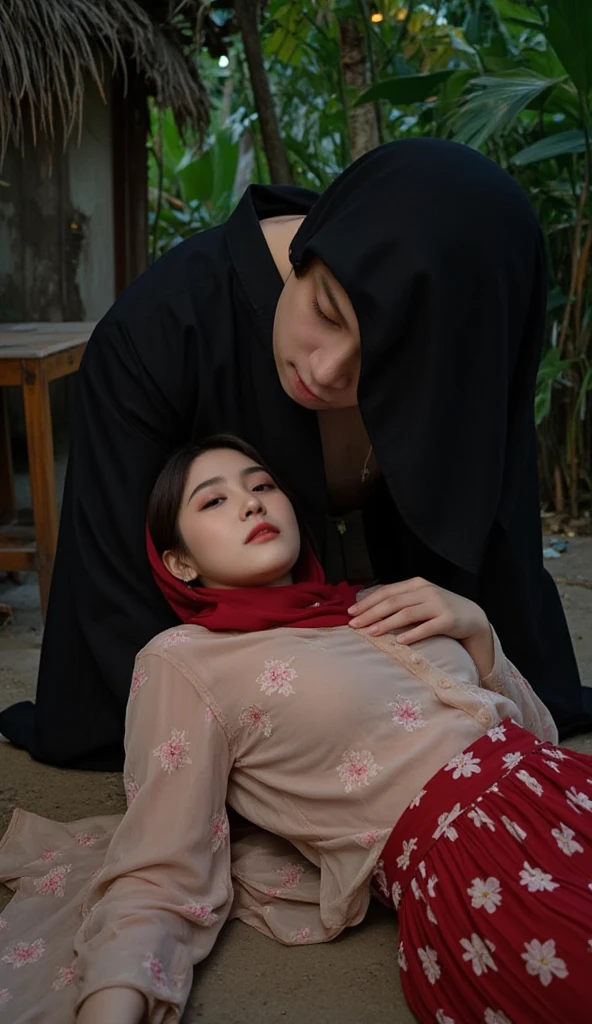 （Tomboyish,Small head)， (perfect bodies: 1.1),(short-length straighthair: 1.2), Black hair,（极其细致的CG 8k壁纸），（Extremely refined and beautiful），（tmasterpiece），（best qualtiy：1.0），（超高分辨率：1.0），Upper body，Group photo of two people，[A high resolution]，Smooth and flawless fair skin，ultra - detailed ，A 24-year-old mother and a 6-year-old daughter，Embrace each other，Elongated legs，Big chest，（Rounded figure：1.5），Wearing an Arabic turban and veil，Face covered by black veil，Gorgeous Abaya，In front of a large mosque，Kneel upright，from the front side，Close-up， In meditation，Kindly