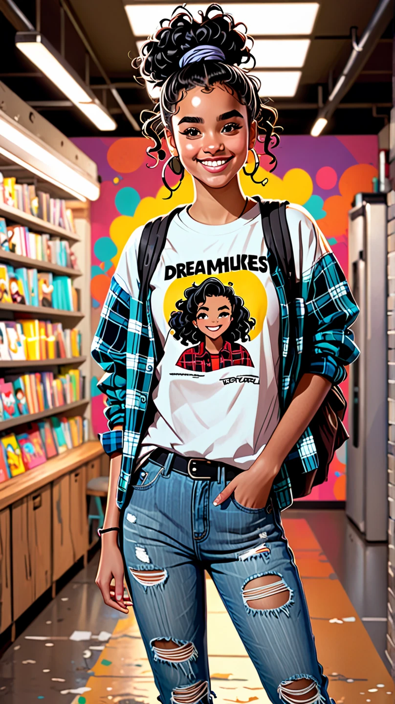 generate a highly detailed, 3d full body image of a black African-American woman skull with a short curly hairstyle the school should have golden neon lights every lady from within its body the figure is dressed in the pink and white outfit that features the text " PK DEZIGNZ", with black ripped jeans and carrying a backpack the scene is set inside a high school classroom capturing the ambience of a modern student
