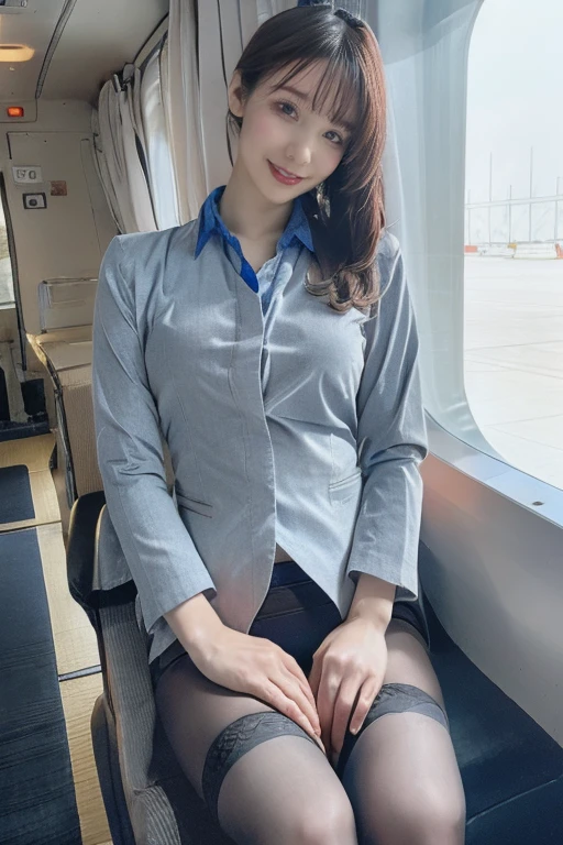 (masterpiece:1.3), (Highest quality:1.3), 8K, 超High resolution, 複雑なdetailedな, 非常にdetailedな, detailedな背景, Depth of written boundary, 超High resolution, RAW Photos, Sharp focus, perspective, (8K, Highest quality, masterpiece: 1.2), (Realistic, Realistic: 1.5), Beautiful Japanese woman, 25 years old, (((Thin thighs))), detailed: (非常にdetailedな: 1.3), (((stewardess costume))), (High resolution: 1.1), Airplane Passenger Passenger Passenger, ((From below:1.45)), ahegao, ((Perfect beauty)), ((See-through lace underwear)), ((Camel Toe)), (((Hairstyle is a chignon))), ((Spread your legs)), smile, (((Hair is up))),