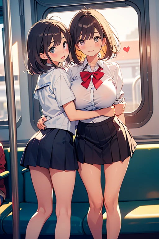 Highest quality, Ultra-high resolution, (Realistic: )2D official style cel animation,((Two girls sitting side by side)),Denim Tight Skirt,Tight mini skirt,Straight hair,head band(Embroidered panties,Embroidered bra)((Nipples))sneakers,Full body portrait,(From below),sit in a train seat、sunny,Quite embarrassing,blush,Unbutton your shirt