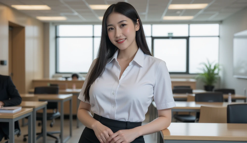 (8k, Highest quality, masterpiece:1,2), (Realistic, photo-Realistic:1.3), Highest quality, masterpiece, Beautiful woman, 30 years old, (Neat and clean female teacher, Neat clothes:1.4), blush, smile, (Small breasts, Black Hair, Shortcuts:1.4), Beautiful legs, Tight waist, Embarrassed look, Classroom background with stacked chairs and study desks