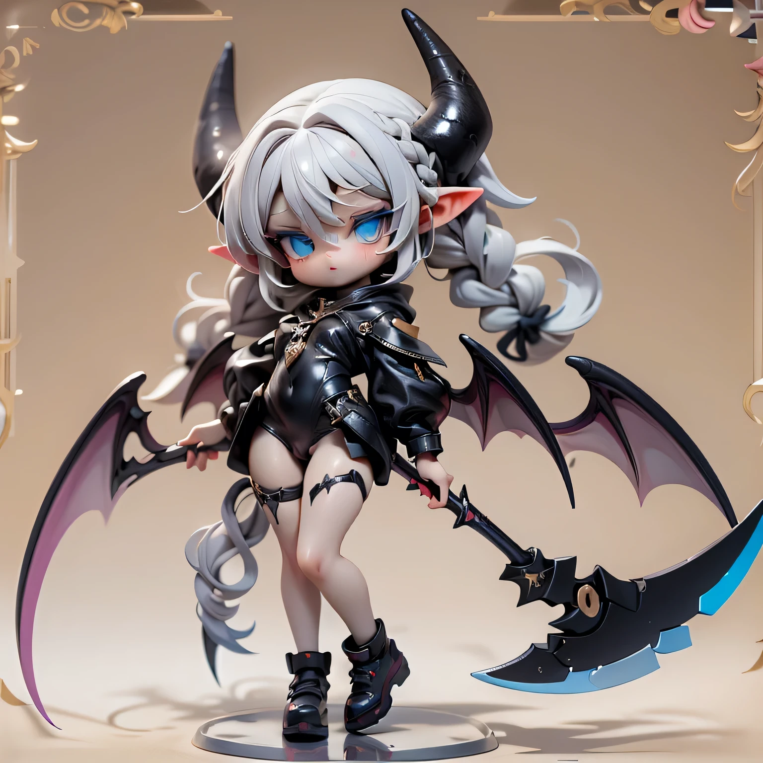 In the full-body image, she is a blue-eyed woman with braids and silver hair in cute fashion with a scythe。 based on black、The figure of a succubus wearing a black costume is expressed in the highest quality 3DCG animation。 Full body image with legs seen。with horns and feathers growing。little devil