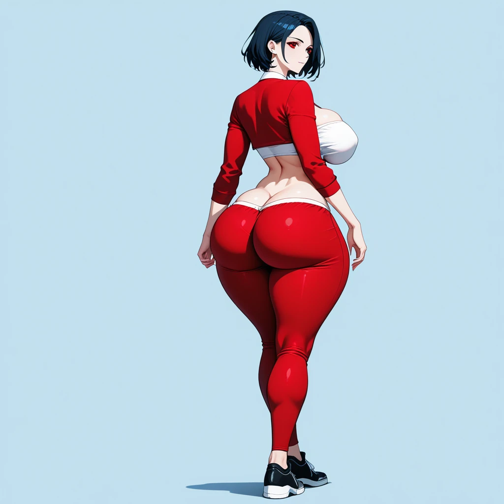 1girl, solo,red theme,looking at viewer,large breasts,from side,bad-girl,((mature female)), huge breasts , fat tummy