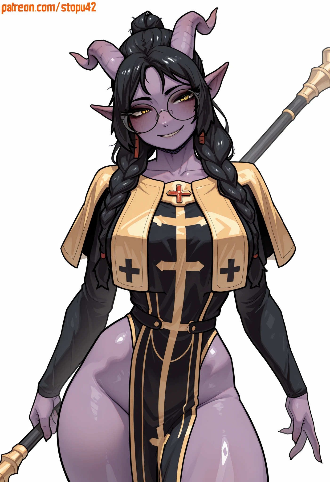 score_9, score_8_up, score_7_up, score_6_up, score_5_up, score_4_up,
BREAK
(masterpiece: 1.0), best quality, perfect anatomy, perfect composition, perfection,
BREAK
cinematic lighting, stopu42
BREAK
1girl, DND character art. Smile, Tiefling, glittery purple skin, golden eyes, holding quarterstaff, golden cleric outfit, round glasses, double braids, front facing braids, simple background,black hair. Torso shot, collarbone