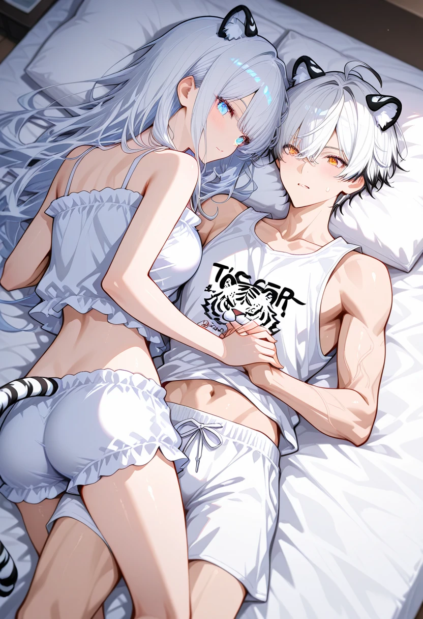 ((Detailed eyes, blue eyes:1.2)),beautiful eyes,{best quality}, {very aesthetic}, {ultra-detailed}, {best illustration}, nsfw,(2boy:1.9),eyes wide open,(silver hair:1.3),(long hair:1.9),(Fox ears:1.2),((testicles, perineum)),2d,Anime Face,(No tear bags),(bangs between eyes),((flat chest)),Steamy skin,skiny boy,(pale skin:1.4),Transparency,open mouth,(fem boy),(flat chest),(bukkake1.5),dooring,((blushing)),Beautiful Nose,perfect anatomy,teen ager,Medically correct human body,flat chest,,(shota:1.8),(otoko no ko:1.8),(pov hands:1.6),(bottomless boy:1.9),(pov foccus), (spread anus:1.9)back,(faceless muscular male),(sweat),Tuck up your clothes,(2penis),(2eyes)