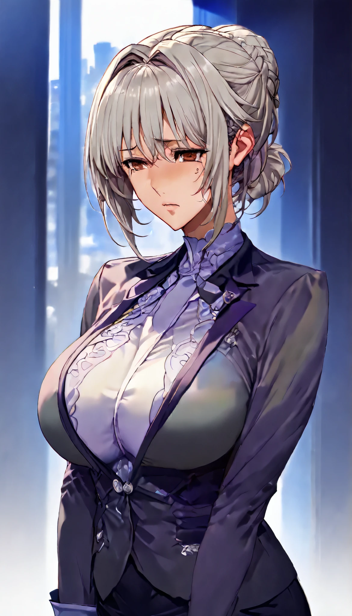 SOLO, A Mature Female(Elder),Mature flavor,brown eyes,(Sulking,depressed, worried),Perfect body,big oppai,(Grey hair,short hair,hair intakes, hair bun), Wearing A black Office-Lady suit with hip-covering skirt, In the meeting room,Open Pose,UHD, anatomically correct, masterpiece, textured skin, high details, highres, 1080P, 16k, accurate, Beautiful face, Perfect face, Highly detailed beautiful face and eyes, Attractive face, Detailed face, Delicate facial features, Detailed skin,Cowboy shot,(((hbig bosom)))