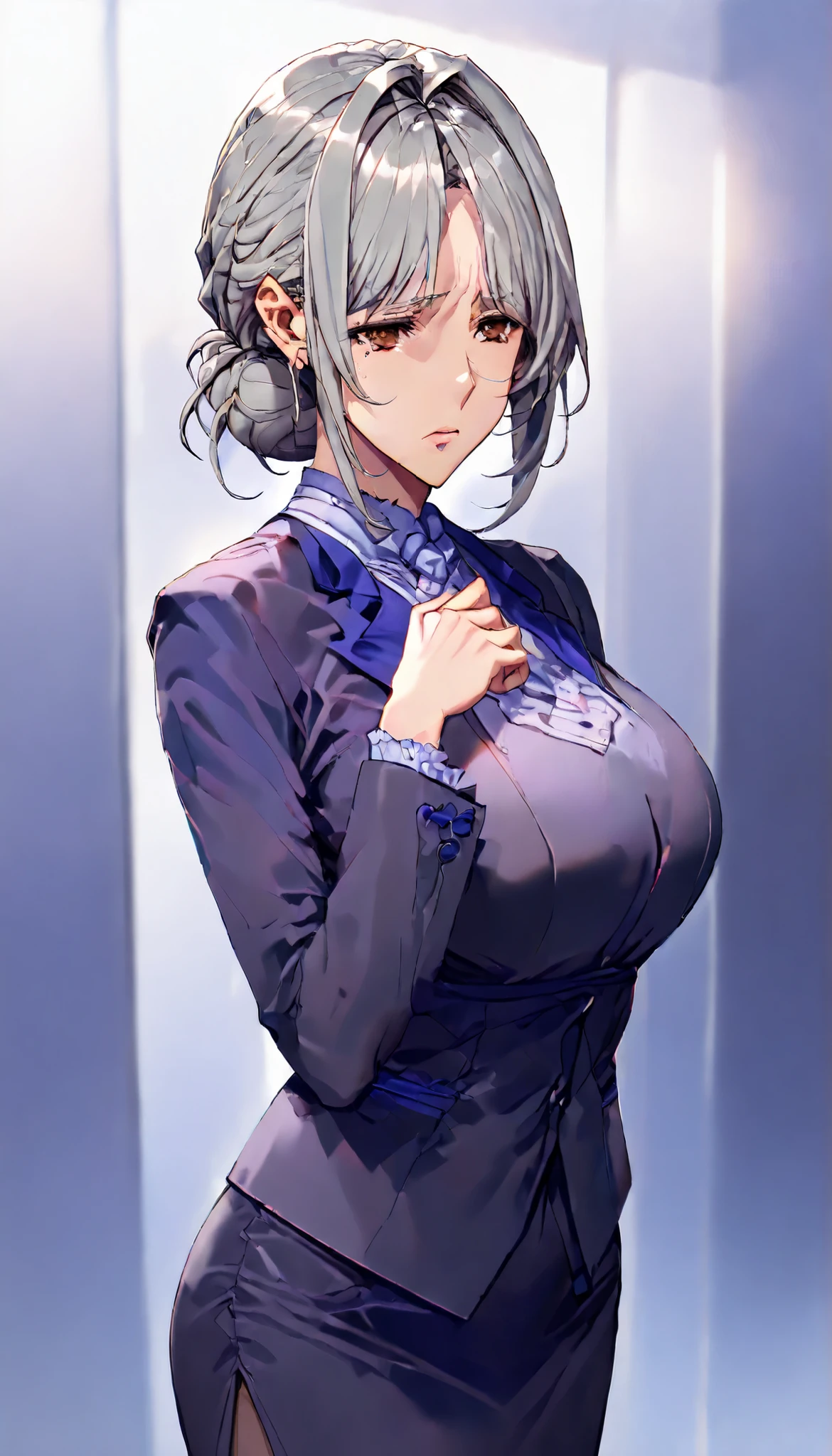 SOLO, A Mature Female(Elder),Mature flavor,brown eyes,(Sulking,depressed, worried),Perfect body,big oppai,(Grey hair,short hair,hair intakes, hair bun), Wearing A black Office-Lady suit with hip-covering skirt, In the meeting room,Open Pose,bite own finger,UHD, anatomically correct, masterpiece, textured skin, high details, highres, 1080P, 16k, accurate, Beautiful face, Perfect face, Highly detailed beautiful face and eyes, Attractive face, Detailed face, Delicate facial features, Detailed skin,Cowboy shot,(((hbig bosom)))