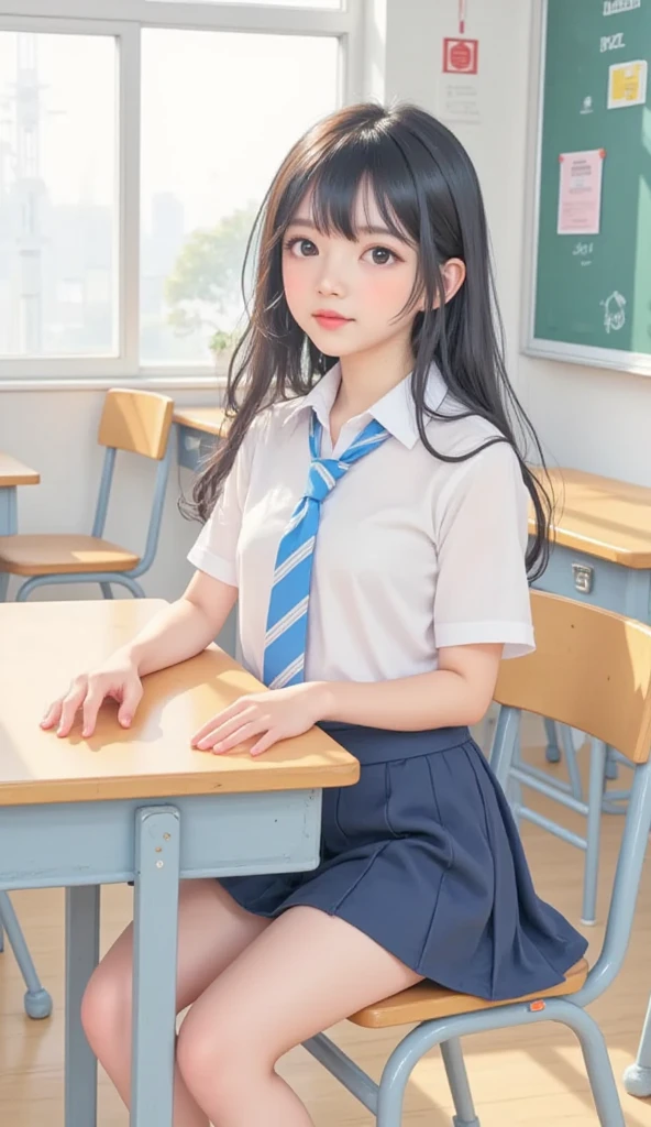 (1young girl), kawaii, (highly detailed Beautiful face), Amazing face and eyes, (Best Quality:1.4), (Ultra-detailed), (extremely detailed CG unified 8k wallpaper), Highly detailed, High-definition raw color photos, Professional Photography, Realistic portrait, twintails, (hi-school uniform, pleated mini skirt:1.3), (hi-school uniform with wide open breasts:1.2), Sitting, (open your legs), cameltoe, depth of fields, School, classroom, (fine face:1.2),