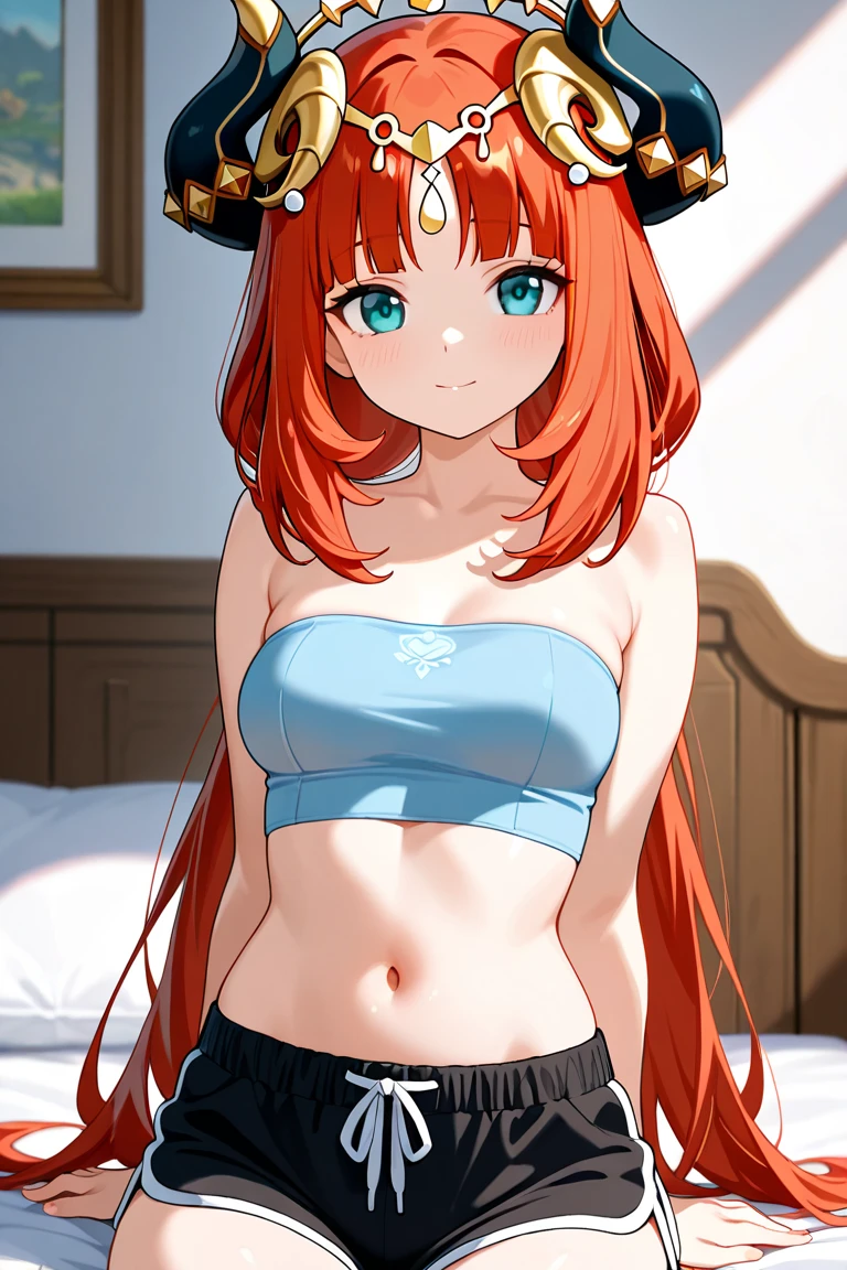 photo, 8k, intricate, elegant, highly detailed, majestic, digital photography, (masterpiece, finely detailed beautiful eyes : 1.2), hdr, realistic, high resolution, (best quality, masterpiece:1.2), ultra detailed, (anime), 1girl, nilou, red hair, twintails, blue eyes, long hair, very small breasts, lips, (looking at viewer), standing, (front view), sofa, (room:1.3), stockings, sexy lingerie
