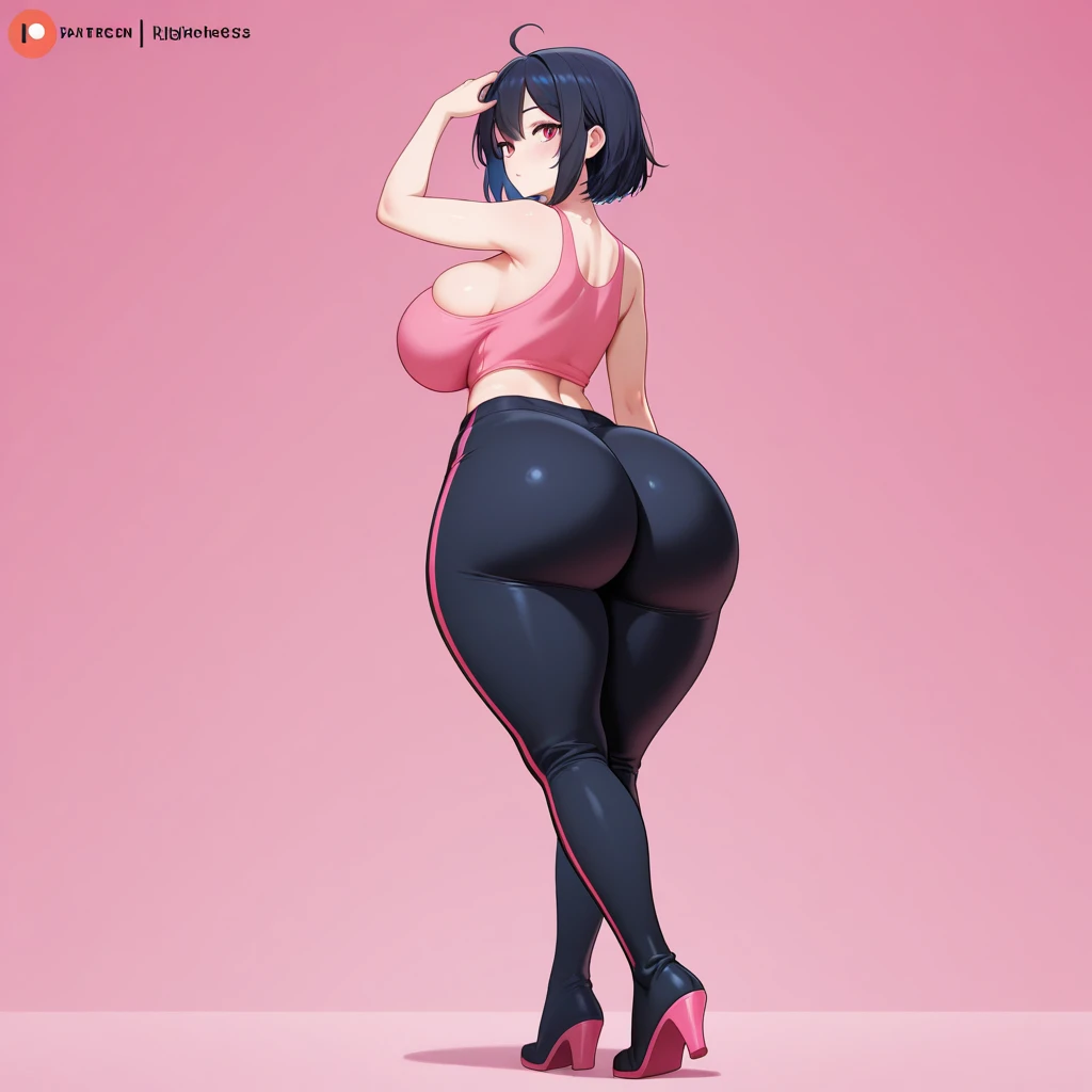 A girl with black hair, a short bob, wearing a black sports suit and short shorts, with big breasts and a big butt, wide thighs and legs, and a face with green eyes.