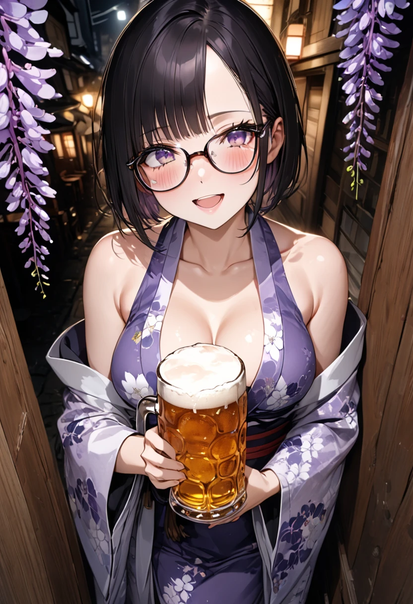 (high quality:1.2,Ultra-realistic) 、Detailed face、Detailed eyes、Beautiful Japanese Woman、22 years old、Black Hair,(Cleavage:1.3),The chest is on the table、ryokan, BREAK (wearing Japanese Checkered pattern yukata,obi),((ryokan yukata,onsen yukata)),Sitting at the table,  (Big smile,Happy expression:Pure joy),she has (short twin braids hair with side bangs) and、 (Holding a large beer mug on the table)、(no bra,braless:1.3),(blushing:1.5),(drunk),(oval Glasses),