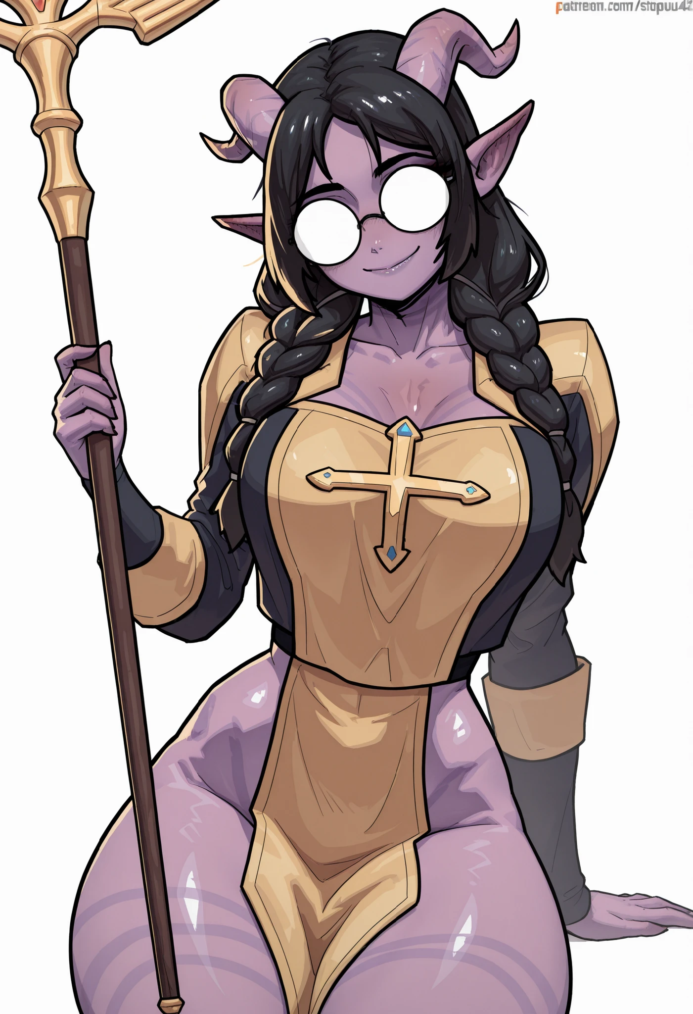 score_9, score_8_up, score_7_up, score_6_up, score_5_up, score_4_up,
BREAK
(masterpiece: 1.0), best quality, perfect anatomy, perfect composition, perfection,
BREAK
cinematic lighting, stopu42
BREAK
1girl, DND character art. Smile, Tiefling, glittery purple skin, golden eyes, holding quarterstaff, golden cleric outfit, round glasses, double braids, front facing braids, simple background,black hair. Torso shot, collarbone, opaque glasses, @v@