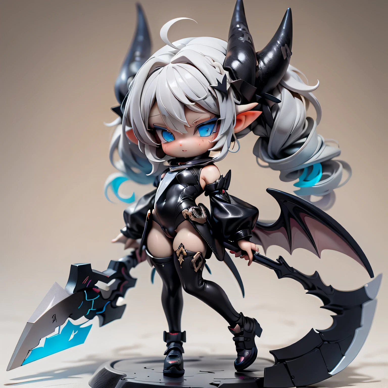 In the full-body image, she is a blue-eyed woman with braids and silver hair in cute fashion with a scythe。 based on black、The figure of a succubus wearing a black costume is expressed in the highest quality 3DCG animation。 Full body image with legs seen。with horns and feathers growing。little devil