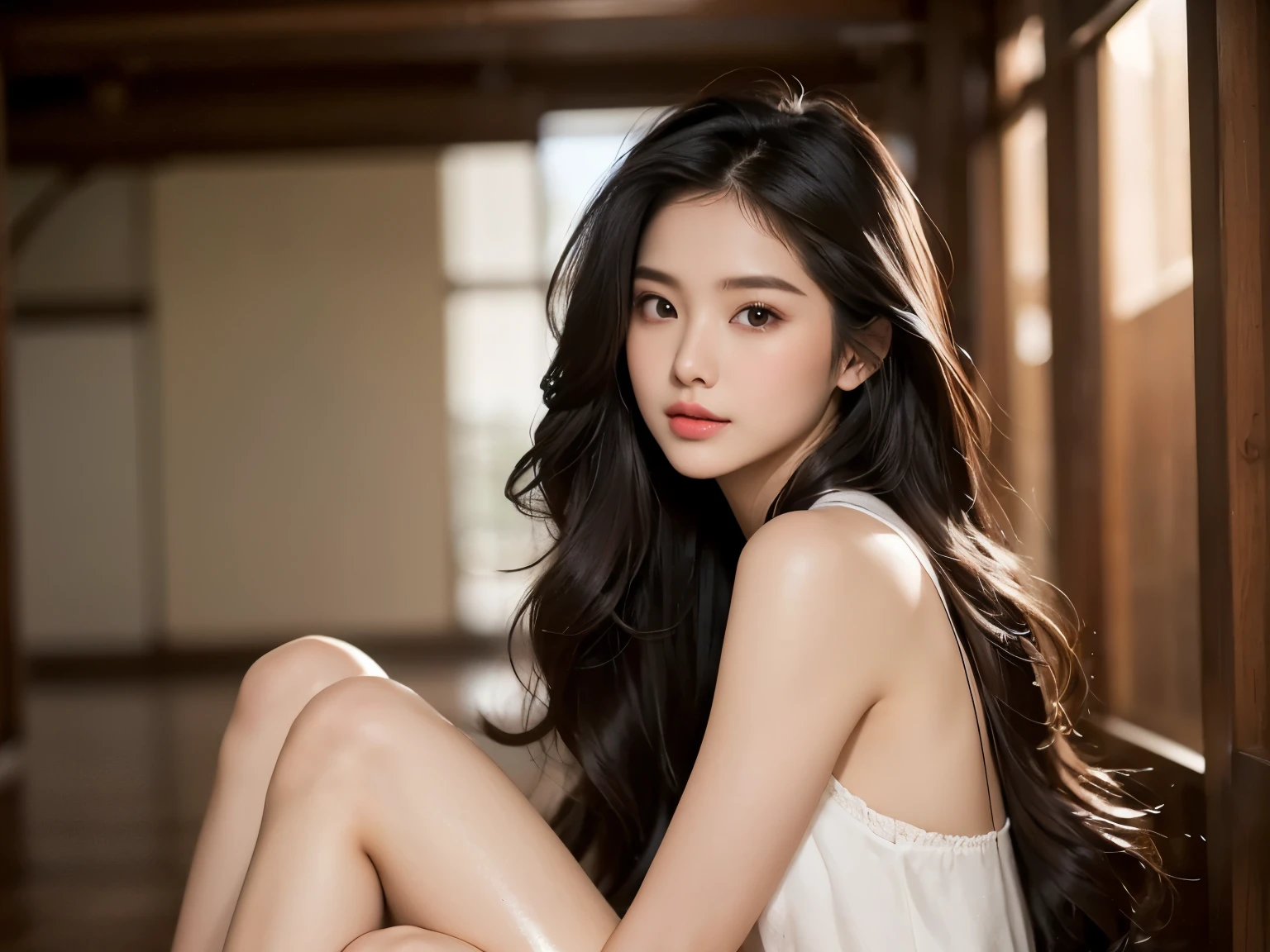raw photo, best quality, photorealistic, masterpiece, Leah Dion, wavy long hair, black hair, just apron, large breast, cleavage, ass, buttocks, beautifull face, smile, fullbody view, from bellow, kitchen, detailed skin, pore, detailed background, finely detailed, dslr