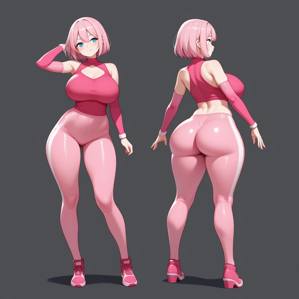 absolutely symmetrical, full body standing,standing-pose,t-pose character design in anime style, female with giant ,pink pigtails hairstyle ,teal expressive shiny eyes and small pink lipstick mouth, minimal design,naked, screen background