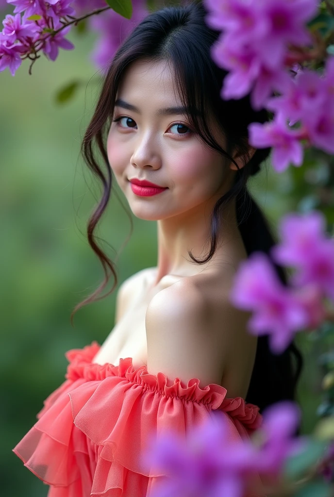 (highest quality, Realistic, Super detailed), ((Large Breasts:1.3)),Beautiful woman looking up, Hair blowing in the wind, Red rose petals falling. Perfect Makeup, Fine grain, And lips, long, flowing black hair, Graceful pose, Vibrant colors, Soft lighting, Romantic atmosphere, Elegant and confident look, Delicate features, loose fitting dress, natural environment, Dreamy atmosphere. Canon EOS R3, 20 megapixels