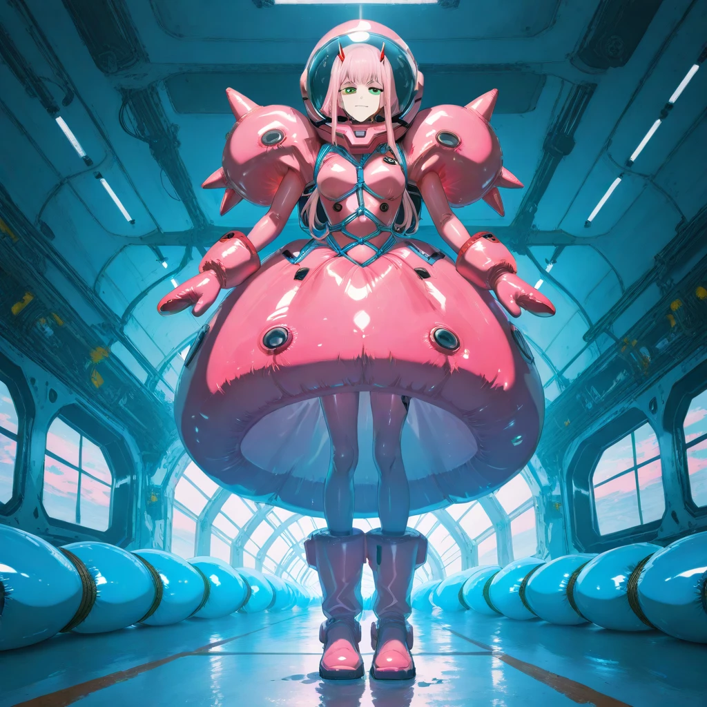 "Zero Two (Darling in the Franxx) in a bulky inflatable rubber puffer spacesuit, glossy and shiny, with inflated rubber mittens. The suit has visible seams and air valves, giving it a futuristic yet playful look. She stands in a low-gravity environment, slightly bouncing, with a cheerful and mischievous expression. The background is a sci-fi lunar landscape with pastel colors, soft lighting, and a dreamy atmosphere. The art style is anime-inspired, with detailed textures on the rubber material, blending cuteness and retro-futurism.".space helmet.rubber inflatable boots,big iron breast , blue saber fate armor, big inflatable dress,muv luv. rubber shibari,tied to the ceiling