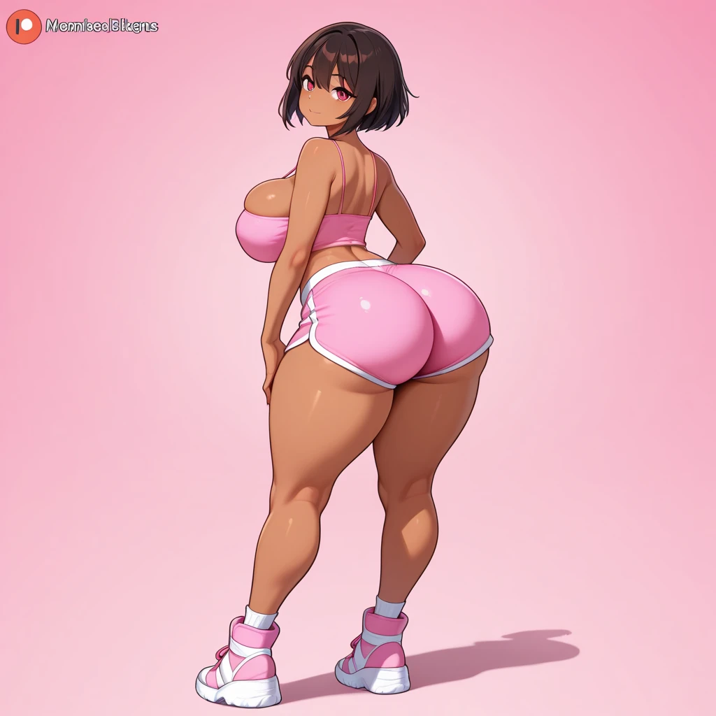 labios grandes, for the chestnut, ojos rosados, cara japonesa, mejorar, dos lados hacia arriba, pechos enormes, Caderas anchas, sexy, tema rosa, kawaii, detallado, pink room, Para decorar, Golpes, mejorar outfit, kawaii, falda plisada, escote, enormes tetas, gigantic , dynamic pose, dynamic angle, evil sonrisa, leopard across, from the back, big ass from the back, big ass, pink