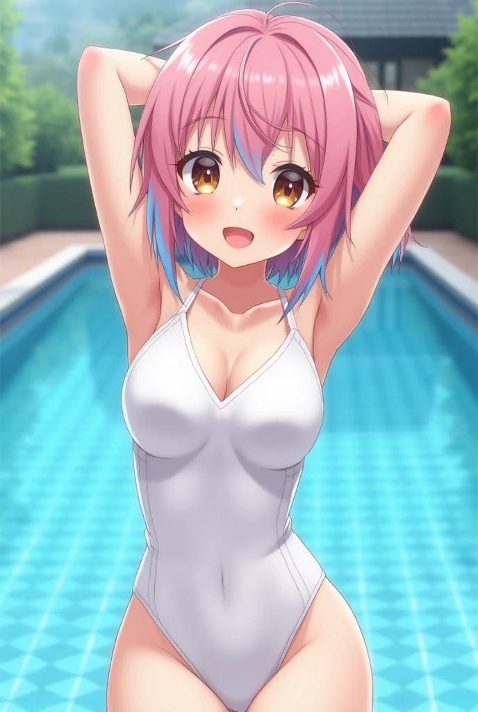High quality、16 km race、anime screen capture、(((NSFW)))、(((Lori)))、(((smaller breasts)))、(obesity)、(thick thighs)、(Pink hair)、((Wavy Hair))、Ahoge、 (bob cut)、(dripping sweat)、((:d))、((swelling of nipples))、((Desperate))、((Light blue striped micro bikini))、pink scarf、white knee socks、((Orange eyes、Put y oh ur hanDs behinD y oh ur heaD))、(both armpits)、