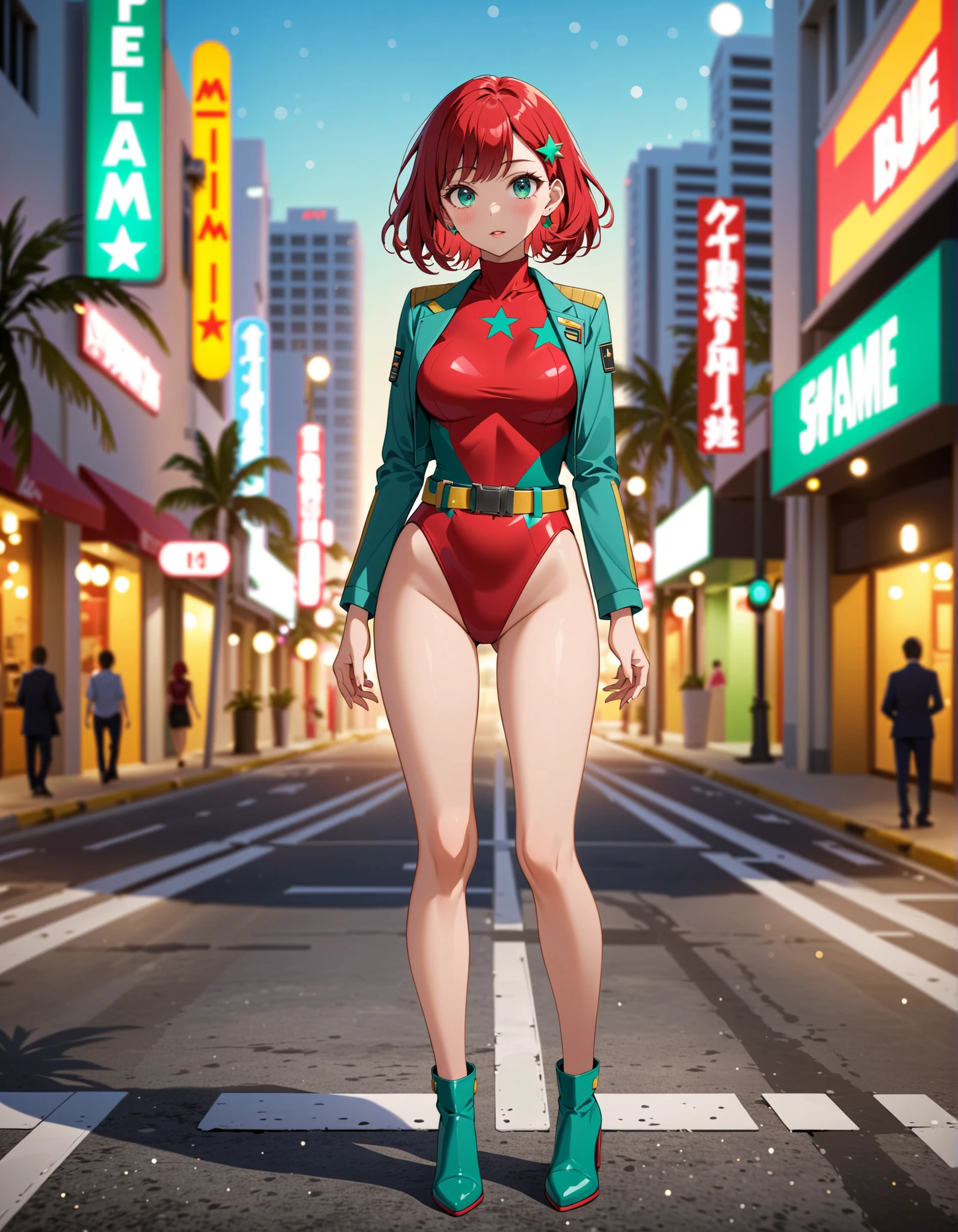 masterpiece, best quality, 1girl, medium breasts, leotard, red leotard with white accents, (sleeveless, midriff), bare legs, boots, matching boots, bracelets, city backdrop, solo, single, standing, full body shot, cowboy shot, beautiful detailed eyes, red hair, short hair, bob hair, superhero, glow, powering up, light particles