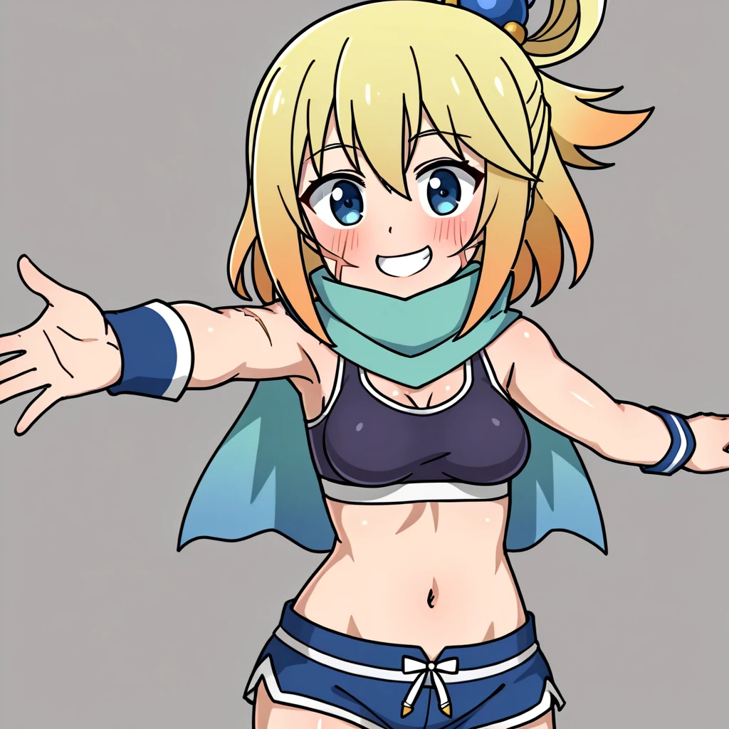 tomboyish magical girl, short blond hair styled in a boyish style, blue eyes, wearing a top that exposes her belly a short skirt and heels with thigh high socks all in a magical girl style, looking embaresed at the viewer while trying to hold her skirt down