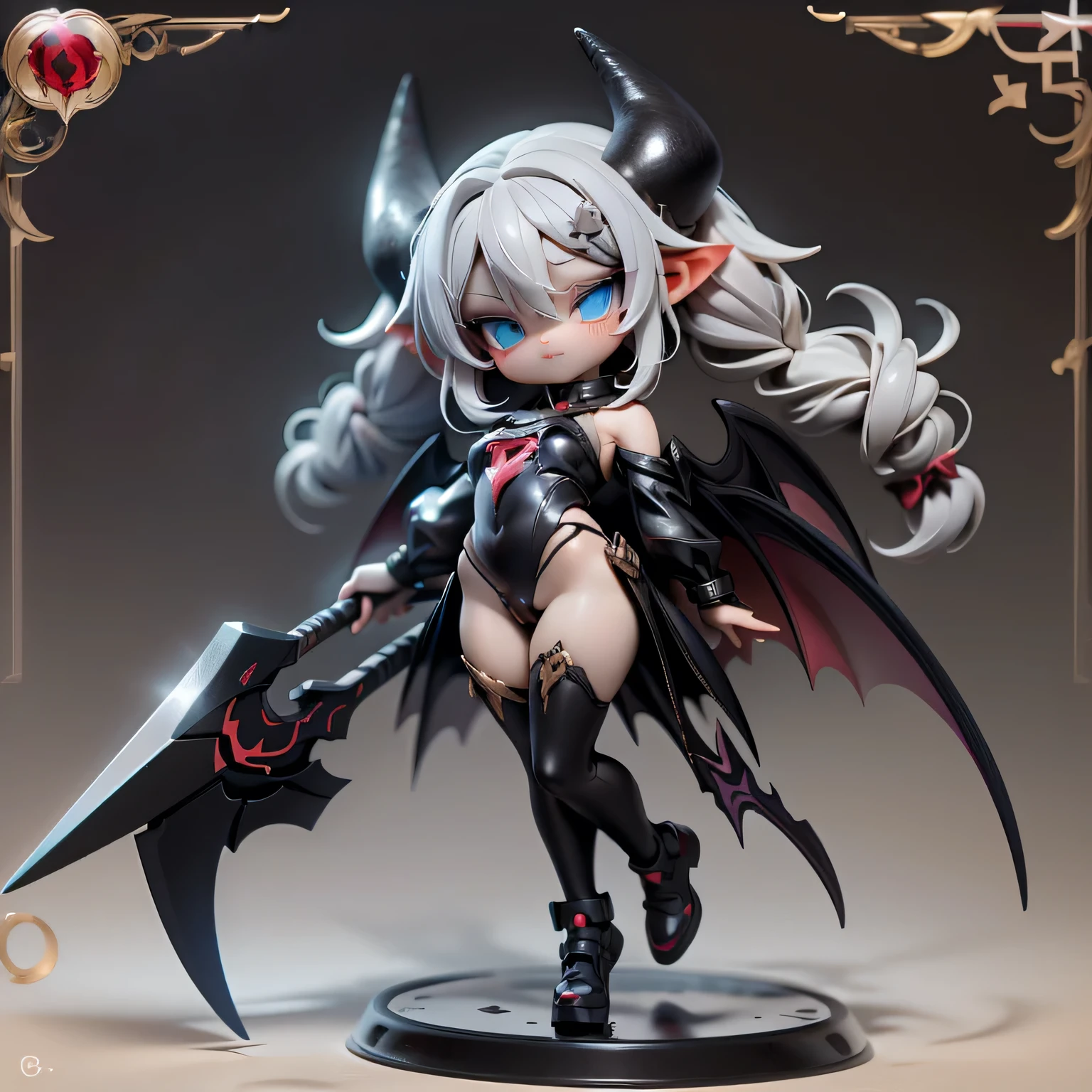 In the full-body image, she is a blue-eyed woman with braids and silver hair in cute fashion with a scythe。 based on black、The figure of a succubus wearing a black costume is expressed in the highest quality 3DCG animation。 Full body image with legs seen。with horns and feathers growing。little devil