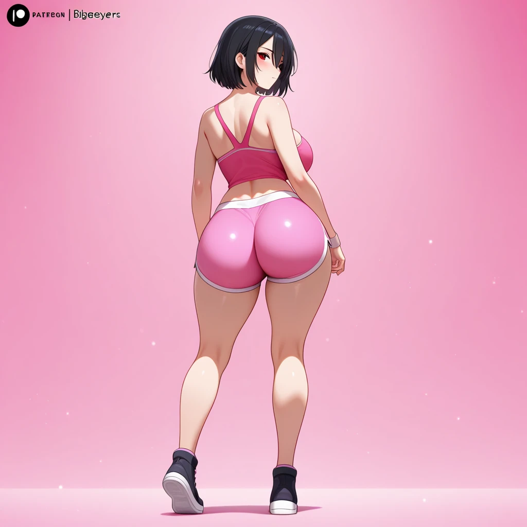 (piel bright), body focus, (cute face), (((visible hips))), illustration , beautiful body, beautiful character design, ,perfect lighting, striking, bright_Forehead_face_switched on, (Vibrant_Color:1.2), (beautiful, big breasts:1.4), full body view,, Rosa Bikini, smile (chubby), short stature, glistening sweat, neckline, ((Raise your arms behind your head..)), ((Squat with open legs)),