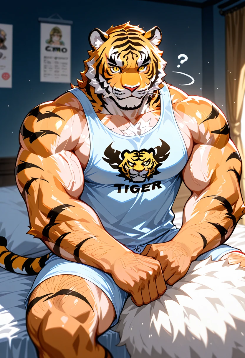 Masterpiece, Solo, Cool Pose, Furry Gray tiger, Muscular Body, red Eyes, Grey Medium Hair,black stripes sleeveless Shirt, Short Pants, Fierce, Manly, Charming, Joy Expression, Good looking, Morning, Laying In bed
