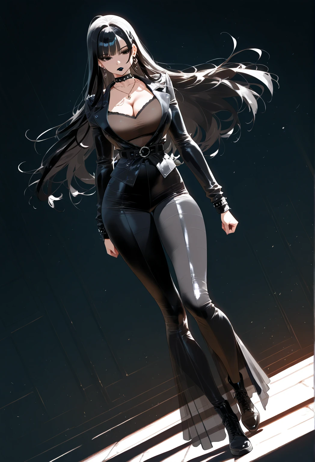 ((BLACK BACKGROUND,1:2, masterpiece)), full body MILF BIMBO standing with two long thighs and two metal sandals, red eyes, silver white hair, short bob style hair, big breasts, cleavage, snsfw, (masterpiece: 1.3), best quality: 1.4, 8k detailed unity wallpaper, high resolution, absurdities: 1.2, depth of field: 1.3, perfect lighting, cinematic shadows, highly detailed background, (super perfect head anatomy face fingers limbs arms hands legs), (super beautiful and detailed body of a wet woman, gigantic, long and sagging breasts, shiny hair, face, nose, shiny fingers, elongated eyes, skin proportion), slender: 1.5, narrow waist: 1.3, ownwaifu, long hair, white hair, big hair, curly hair, dark skin, dark skin woman, red lips, white eyes, very dark skin, lipstick, floating hair, very long hair, makeup, eyelashes, toned, jewelry, earrings, cape, bracelet, jumpsuit, gloves, superhero, choker, cool look, flying in the sky, high-tech city background, call a storm, tornado, thunder, raining, cinematic, beautiful figure, cowboy shot